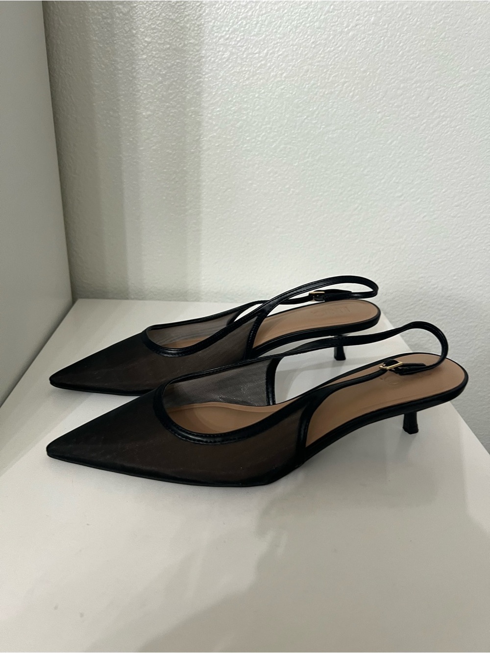 Black Mesh Slingback Pointed-Toe Heels